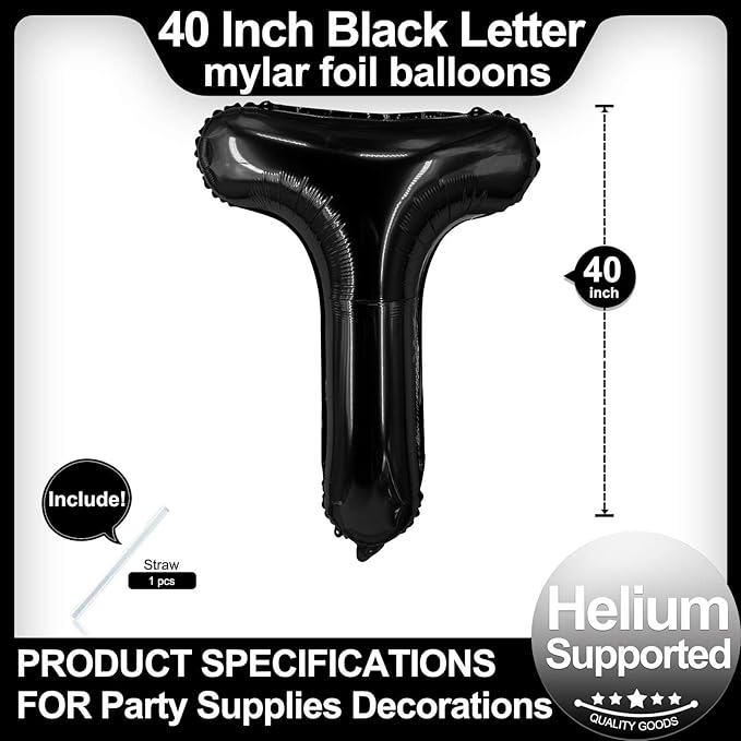 40 Inch Black Letter T Balloons, DIY Phrase Foil Alphabet Letter T Balloons DIY Word T Banner for Birthday Anniversary Celebration Graduation Party Supplies Decoration