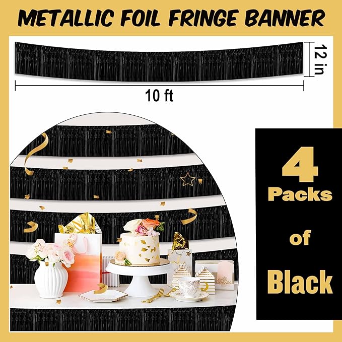 4 Pack 10 Ft Black Foil Fringe Garland Metallic Streamers Tinsel Banner Wall Hanging Garland Backdrop for Parade Floats, Halloween, Christmas, Thanksgiving, New Year Party Decorations