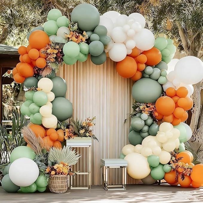 Dusty Green Orange White Balloon Garland, Double Stuffed Burnt Orange Sage Green Ivory Yellow Balloons Arch Kit for Baby Shower Gender Reveal Easter Birthday Safari Jungle Party Decorations