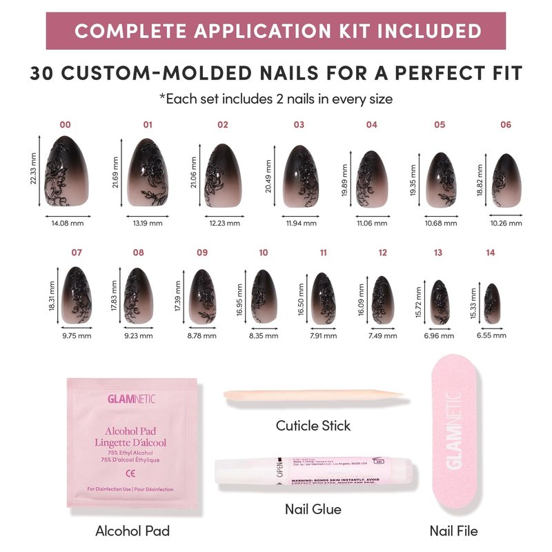 Glamnetic Press On Nails - 'Til Death | Ombre 3D Lace Medium Almond Fake Nails with Glossy Finish, Salon Quality Halloween Nails | 15 Sizes - 30 Nail Kit with Glue