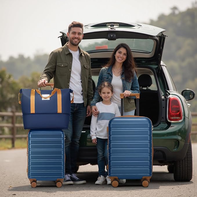 LARVENDER Luggage Sets 5 Piece Hardside Expandable Suitcase with Wheels Lock,Hardside Lightweight Rolling Suitcase for Women and Men,Navy Blue