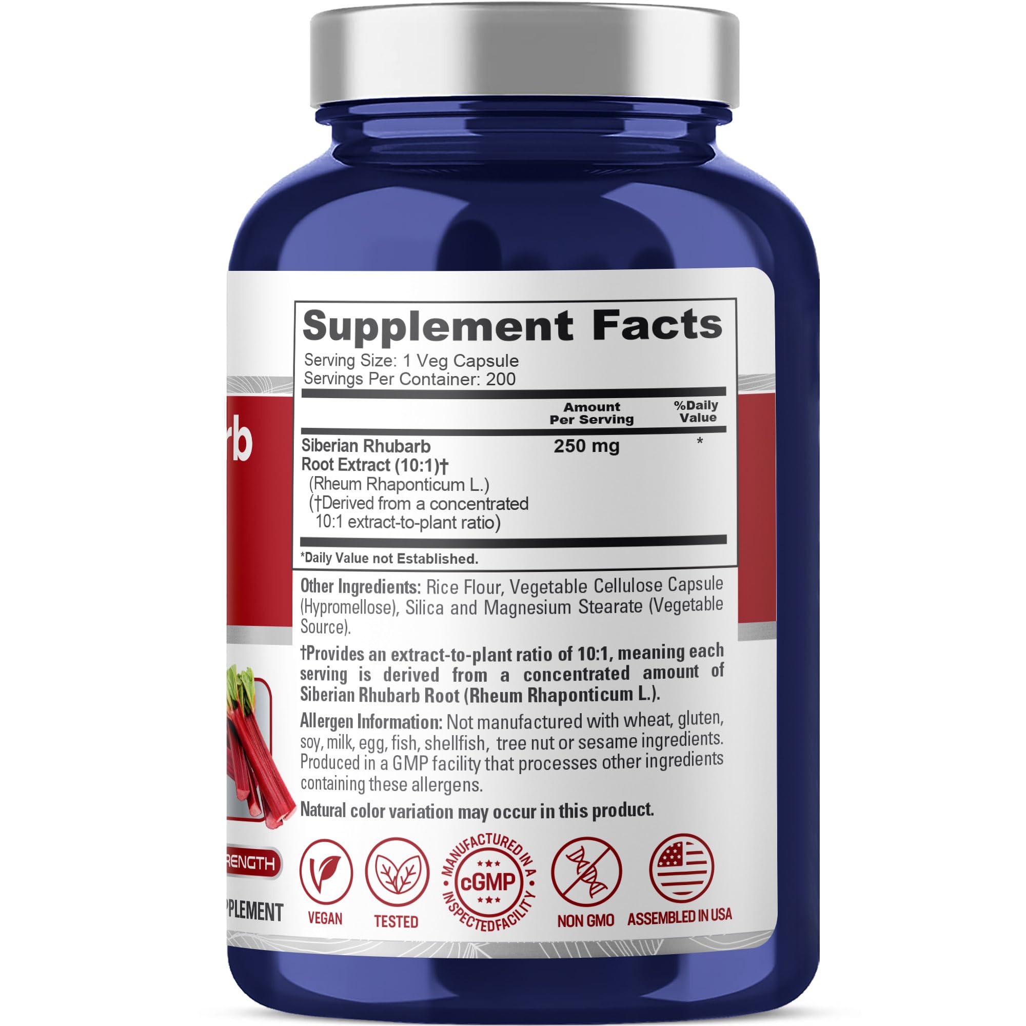 NusaPure Siberian Rhubarb, 250 mg, 200 Veg Capsules (Non-GMO, Vegan)