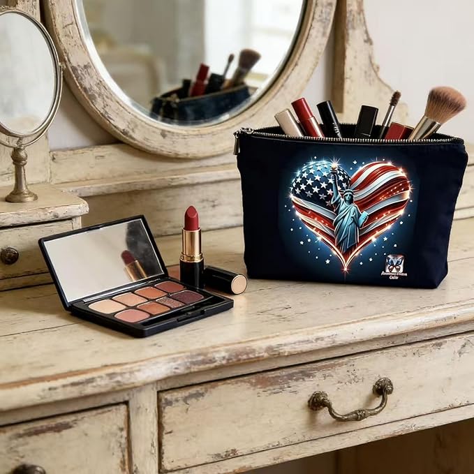 GRITOSE Black Small Bag Freedom America Flag Women Men Supplies with Work Independence Day Accessories Patriotic Toiletry Make up Bags with Zipper for Family Friend July 4th Gift