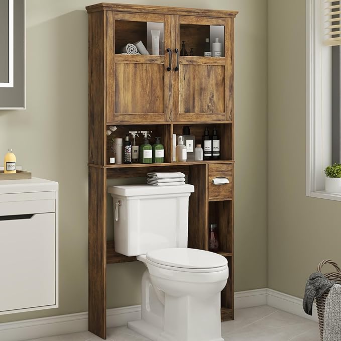 Vabches Over The Toilet Storage Cabinet With Double Doors & Paper Holder Stand, Freestanding Shelf Space Saver With Anti-Tip Design & Adjustable Shelf, Brown