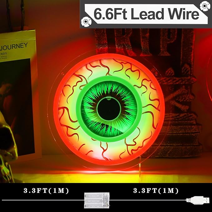 Halloween Window Decorations Indoor Lights, Eyeball Shaped Neon Signs, Red and Green Led Lights Battery Operated Or USB Powered,Cute Gothic Decor for Home, Room, Wall, Office, Mental(1Pack)