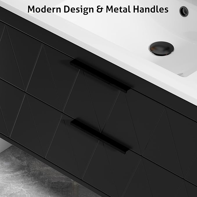 eclife 30" Bathroom Vanities Cabinet with Sink Combo, Wall Mounted Floating Cabinet W/Decor Line, Soft-Close System, 2 Extra Big Drawers, Matte Black Faucet, Black