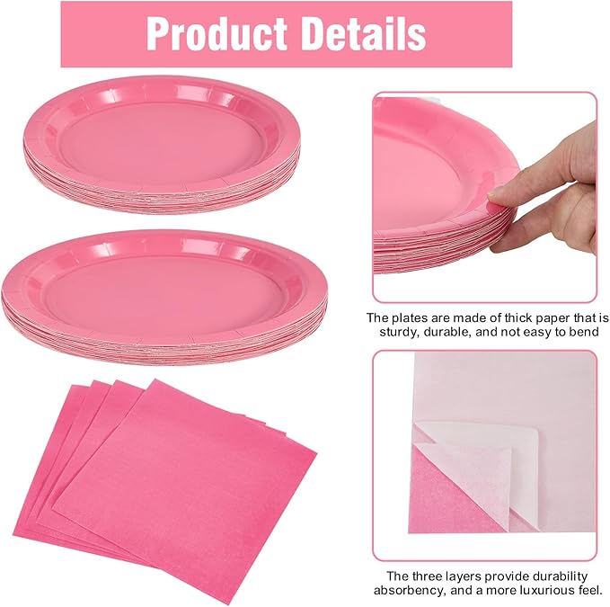 Ottin 169PCS Hot Pink Party Supplies for 24 Guests – Disposable Paper Plates, Napkins, Cups, Forks, Knives, Spoons & Tablecloth for Birthday, Wedding, Halloween, Thanksgiving, Christmas, and New Year