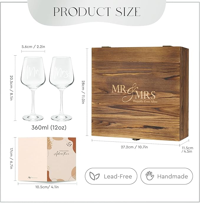 AW BRIDAL Mr and Mrs Wine Glasses Wedding Gifts for Couples 2026, Engagement Gift for Newly Engaged Couple, Bridal Shower and Bachelorette Gifts for Bride, Wine Opener Stopper and Wooden Keepsake Box