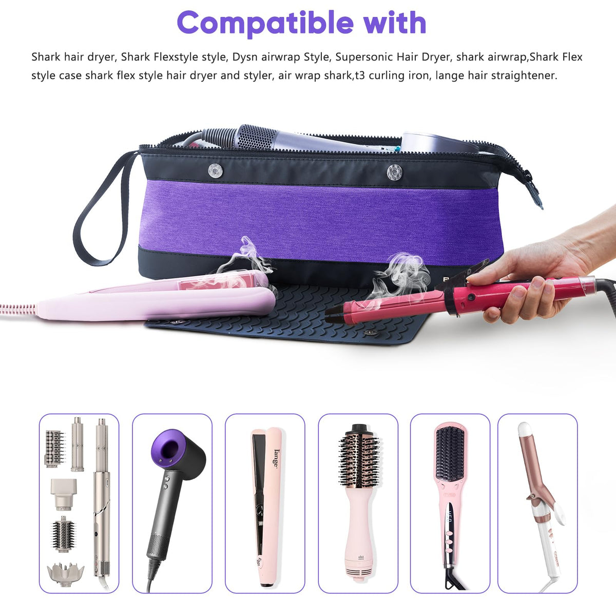 ELCUPA 2IN1 Hair Tools Travel Bag with Heat Resistant Mat for Shark Flextyle, Flat Irons, Straighteners, Curling Iron, and Haircare Accessories,Compatible with Revvlon One Step Hair Dryer