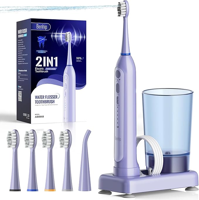 Water Flosser with Electric Toothbrush – 3 Sonic Toothbrush Modes & 5 Water Flossing Pressure – Fast Charging & IPX7 Waterproof – Portable Travel Case Included(Purple)
