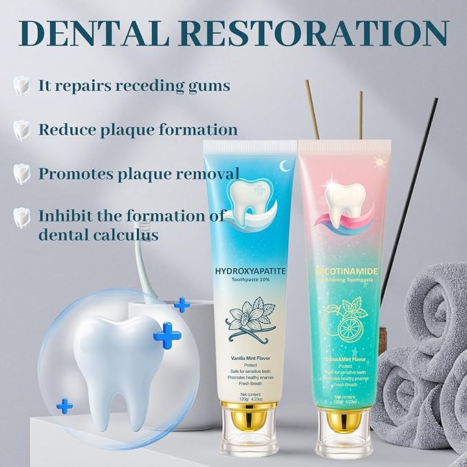 Hydroxyapatite Toothpaste 10% + Niacinamide Whitening Toothpaste - Enamel Repair & Sensitivity Relief, Nano Hydroxyapatite, Fluoride-Free for Gum Care & Fresh Breath, Teeth Whitening