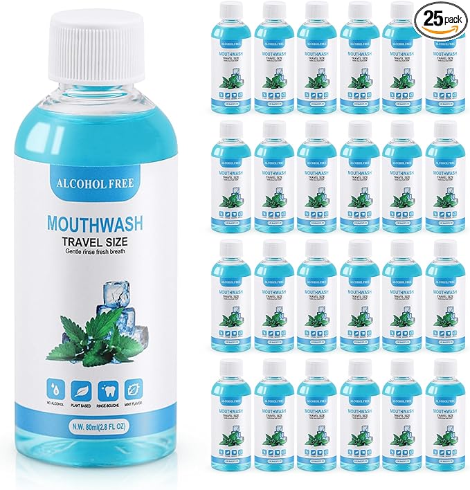 25 pcs Travel Size Mouthwash Bulk Mini Mouthwash, 80ml/2.7fl oz, Fresh Mint Portable Mouthwash Individual Mouthwash Bottles for Travel Toiletry Kits
