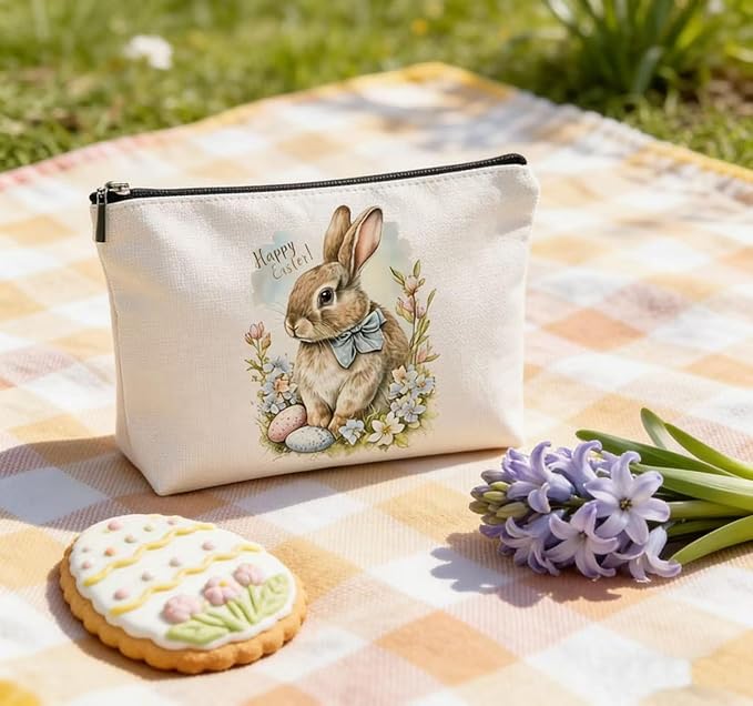 GRITOSE Happy Easter Small Makeup Bag Women Girls Cosmetic Bag Party Gift with Funny Bunny desigsn Easter Accessories for Lovers Mother Friend Student Travel Pouch with Zipper