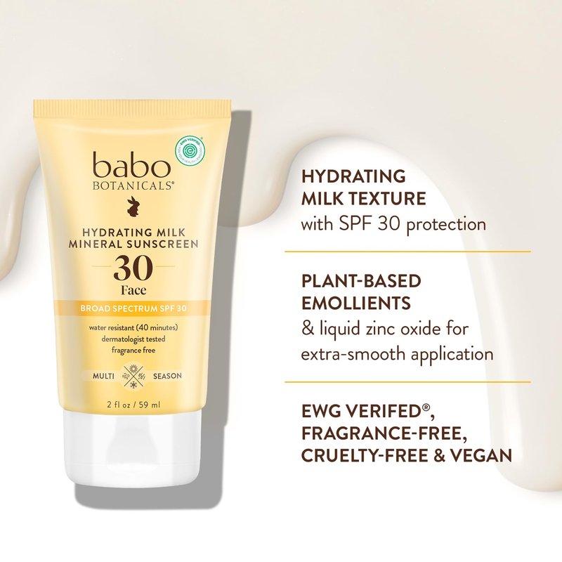 Babo Botanicals Hydrating Milk Mineral Sunscreen SPF 30 with Dewy Finish – Lightweight Zinc Oxide Daily Face Sunscreen for Sensitive Skin – EWG Verified – Broad Spectrum UVA/UVB Protection