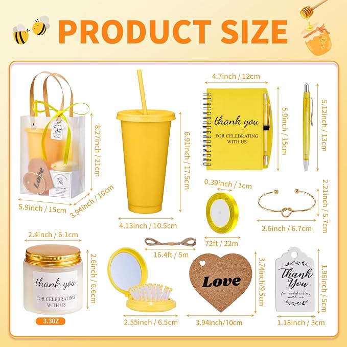 56Pcs Baby Shower Prizes for Game Winners Baby Shower Favors Gifts including Plastic Tumbler Notebook Scented Candles Ballpoint Pen Mirrors with Hair Brushes Bracelet Gift Bag (Yellow)