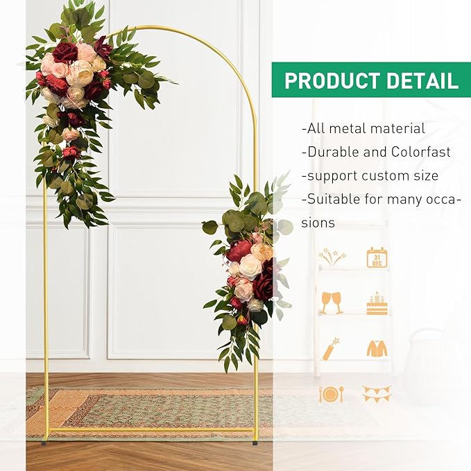 Metal Arch Backdrop Stand and Cover Set, 7.2FT White Reusable Spandex Fitted Backdrop Cover and Gold Wedding Arch Frame for Baby Shower, Birthday, Parties Decoration.