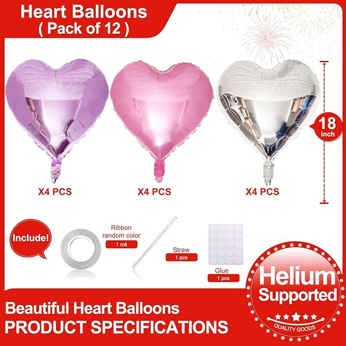 Lovoir 12 Pcs Silver Heart Shape Foil Mylar Balloons 18 Inch Love Balloons for Valentine's Day Birthday Party Decorations Wedding Engagement Romantic Decor (Pearl Pink & Pearl Purple & Silver)