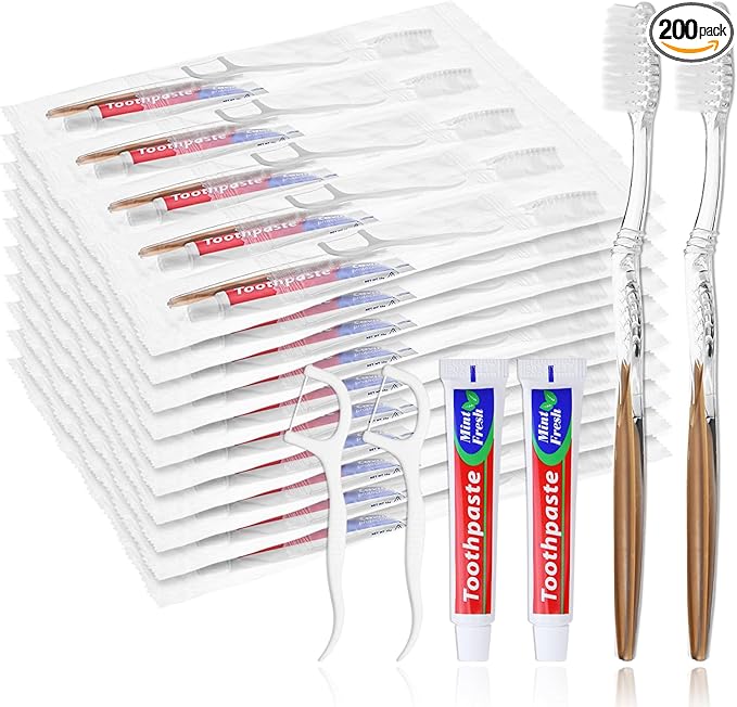 200pcs Disposable Toothbrushes with Toothpaste Floss Individually Wrapped, Disposable Toothbrush Bulk, 10g Toothpaste, Dental Floss Pick, Bulk Toothbrush Kit for Homeless,Airbnb,Hotel,Guest
