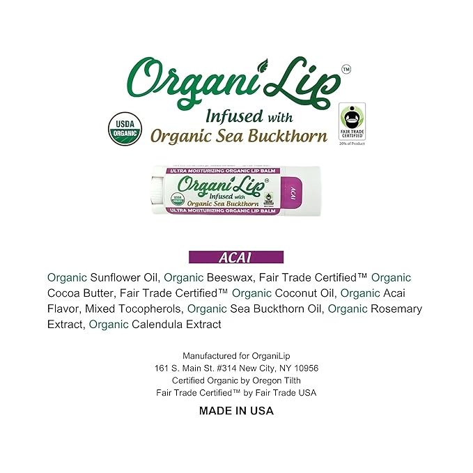 OrganiLip Organic Lip Balm, Acai Flavor, Ultra Hydrating Lip Moisturizer for Cracked or Dry Lips, Oval Shaped Tube, USDA Certified Organic, 3 Pack
