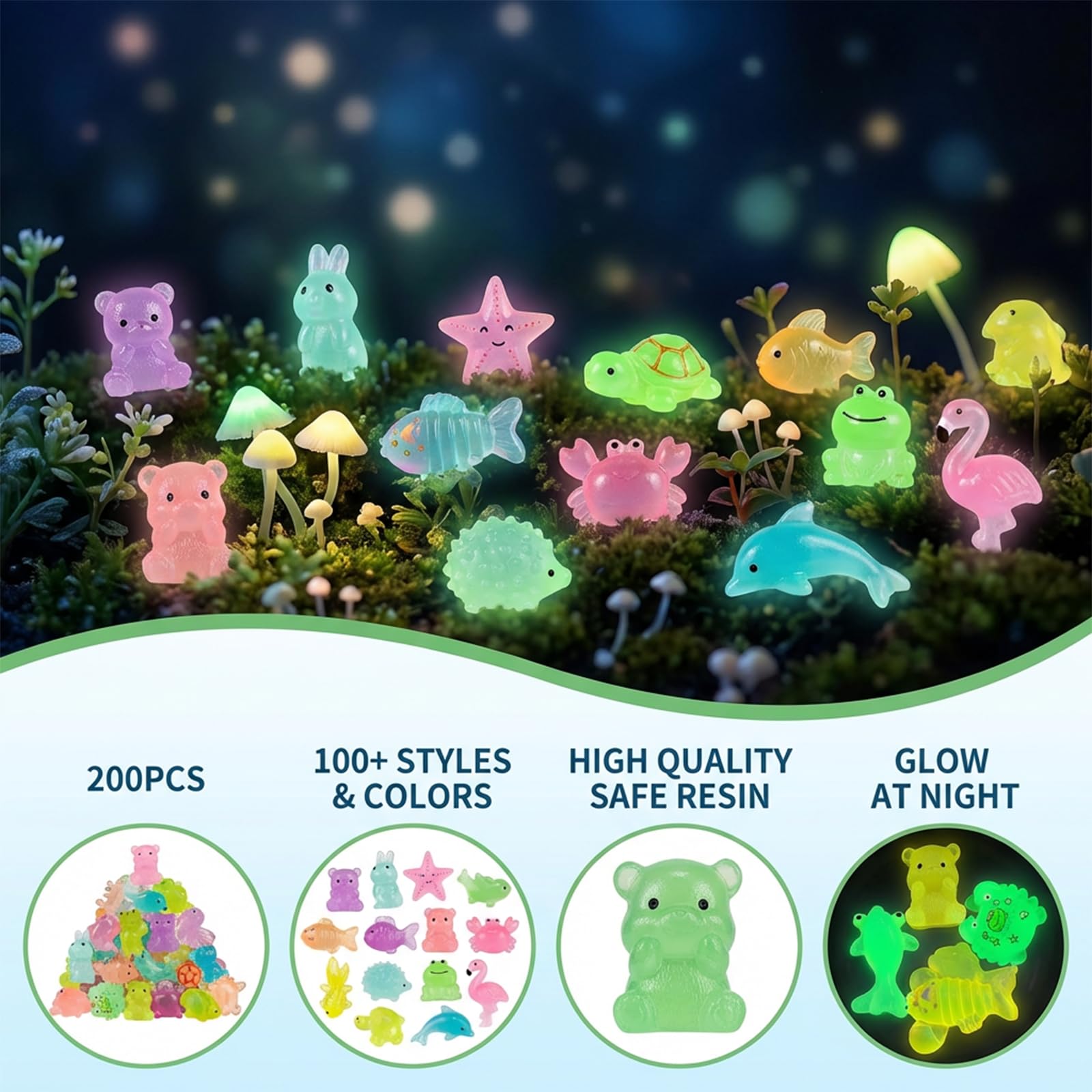 Brio Supply 200 Pcs Mini Resin Animals Blind Bags, Glow in The Dark & Glitter Mystery Animals, Individually Wrapped Tiny Luminous Miniatures for Fairy Garden, Micro Landscape, DIY Crafts