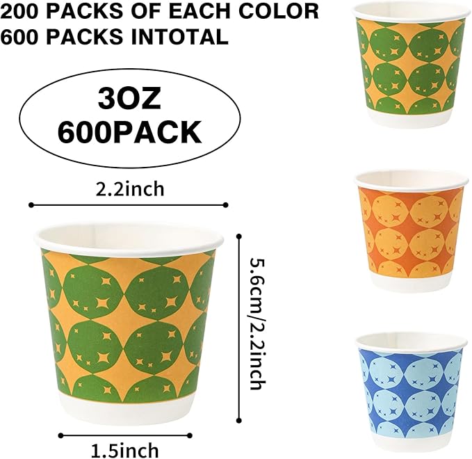 Tamone 600 Pack 3 oz Bathroom Cups, Small Paper Cups, Balloon Design Disposable Cups, Blue, Green, Orange, Mouthwash Cups for Party, Picnic, BBQ, Travel, Home and Event