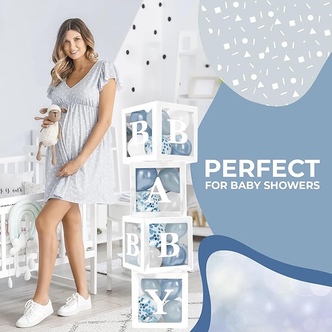 Baby Shower Boxes with Letters – White Boxes with White, Dusty Blue, Light Blue and Confetti Balloons – 44-Piece Gender Reveal & Party Decoration Set by Vellax