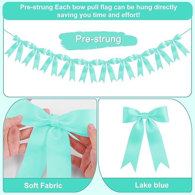 Lake Blue Bow Garland Bow Banner Bow Party Decorations Pre-Strung Large Coquette Satin Ribbon for Birthday Bachelorette Party Bridal Shower Wedding Engagement Baby Shower