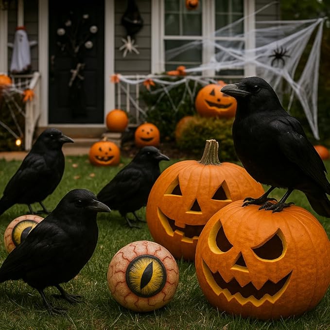 KatchOn, Black Crows with Eyes Halloween Decorations – Pack of 12 | Realistic Feathered Crows for Indoor Outdoor Halloween Decor | Scary Raven Decorations for Haunted House