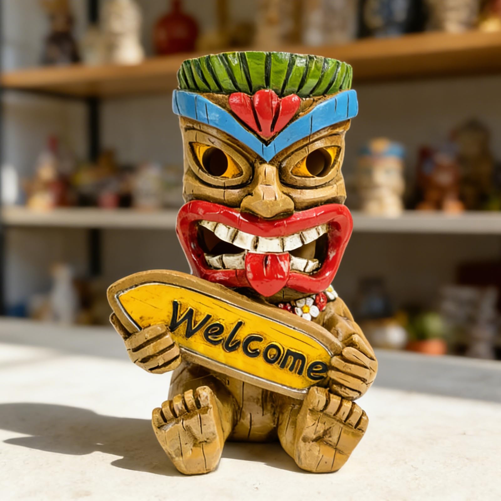 Suyorpe ﻿Miniature Tiki Garden Statue Solar Outdoor Decorations - Tiki Bar Welcome Sign Lights for Patio Yard Lawn Ornaments Gifts for Birthday Housewarming Summer 3.2''(W) x 3.4''(D) x 5.9''(H)
