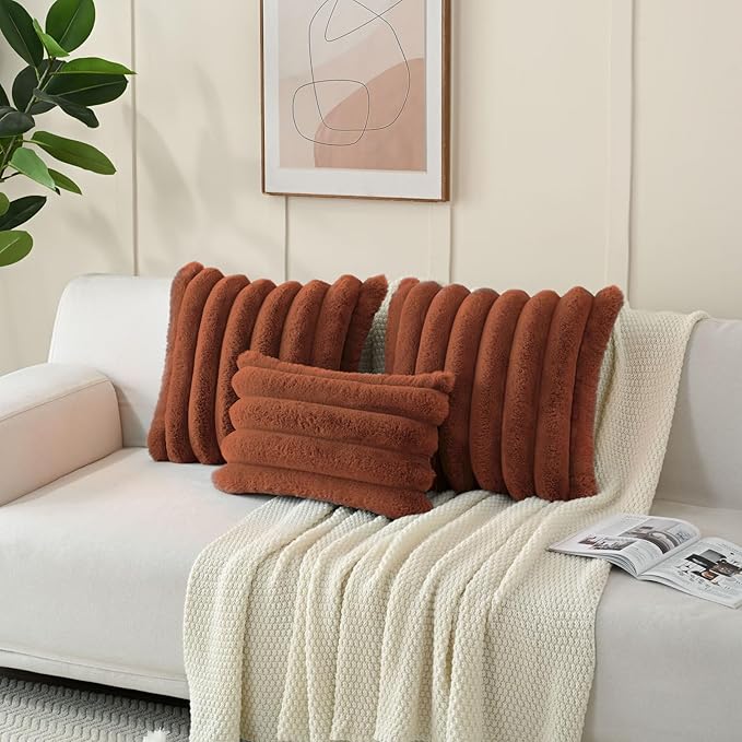 FUTEI Rust Decorative Throw Pillow Covers 22x22 Inch Set of 2, Square Soft Faux Rabbit Fur Big Striped Cushion Cover,Home Decor for Couch Sofa Bed Living Room