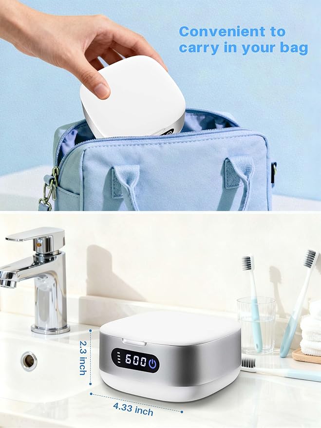 Voraiya Portable Ultrasonic Retainer Cleaner 4000mAh Rechargeable Retainer Cleaner Machine For Mouth Guard,Night Guard,Aligner,IPX6 Waterproof Small Denture Cleaning Pod For Teenagers,Adults,Traveling