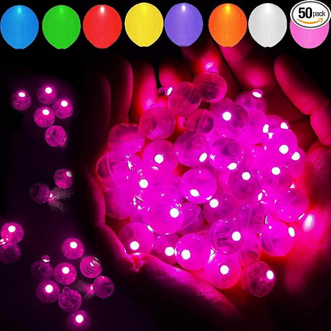 50pcs Pink LED Balloon Light, Mini Tiny Light Round Led Ball Lamp for Paper Lantern Balloon Indoor Outdoor Party Event Birthday Party Wedding Decoration Halloween Christmas Supplies