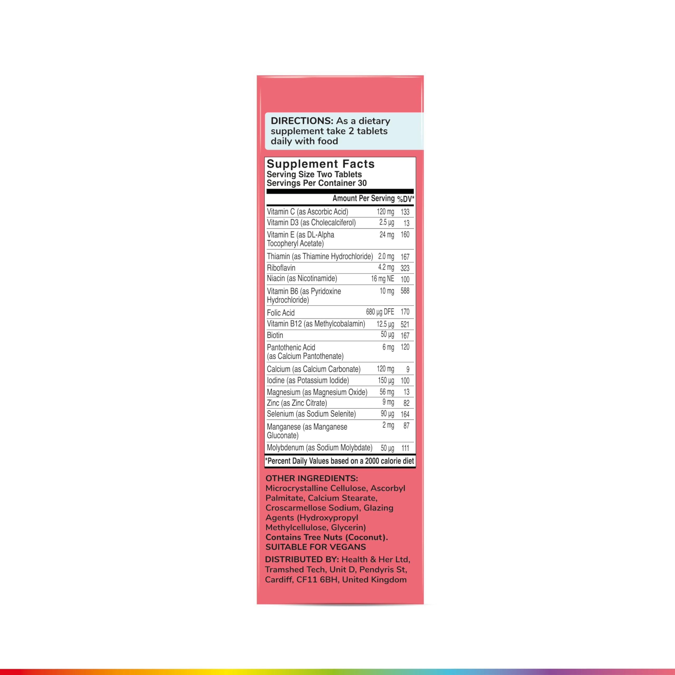 Health & Her Multivitamin Supplement for Women Taking Birth Control - Nutrition Support - 1 Month Supply, 60 Tablets - Vegan & Gluten Free