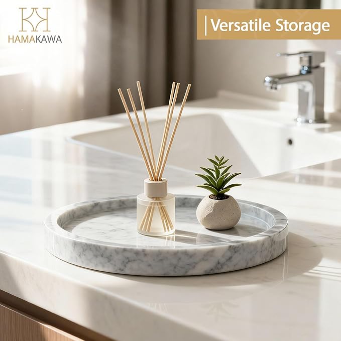 Natural Marble Bathroom Vanity Tray, Large Round Sink Tray 9.5 inch, Carrara White Limestone Dresser Tray, Modern Countertop Organizer for Soap Dispenser, Kitchen Counter, Home Decor