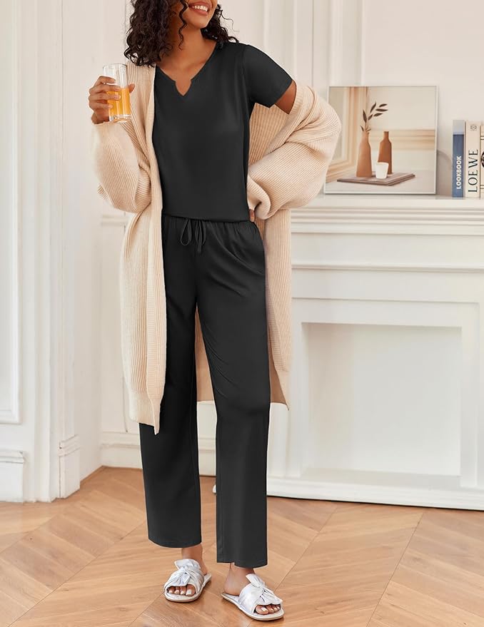 Ekouaer 2 Piece Womens Pajamas V Neck Short Sleeve Top and Long Pants Pjs Print Lounge Set Sleepwear