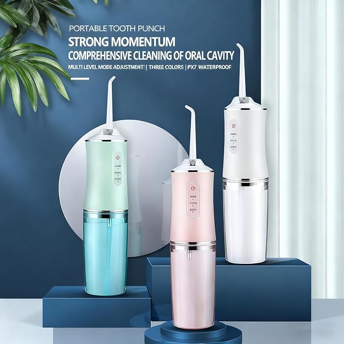 Water Dental Flosser Teeth Pick, Cordless Portable Oral Irrigator for Teeth, Dentures, and Braces 4 Modes & Jet Tips, IPX7 Waterproof (Pink)