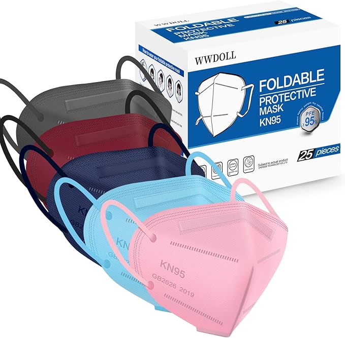 WWDOLL KN95 Face Mask 25-Pack – 5-Layer, 95% Filtration, Assorted Colors, Adjustable Nose Bridge, Breathable