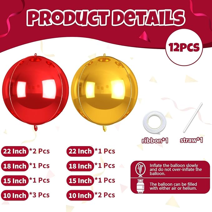 Red and Gold Round Balloons Foil, 12 Pcs Round Shaped Balloon 4D Different Size 22" 18" 15" 10", Metallic Gold Red Balloons for Xmas Prom Graduation Baby Shower Birthday New Years Party Decorations
