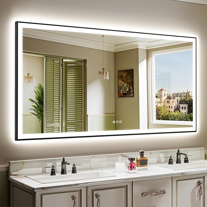 72x36 Inch LED Bathroom Mirror with Lights (Front Lit and Backlit) Black Framed Lighted Vanity Mirror for Bathroom Wall Dimmable Anti-Fog Memory Tempered Glass Horizontal/Vertical