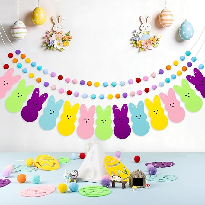 4 Pack Easter Bunny Eggs Pom Pom Garlands Decoration, Colorful Felt Rabbit Hanging Banner Decor Garland Ornaments for Easter Day Home Decor Outdoor Party Hanging Supplies