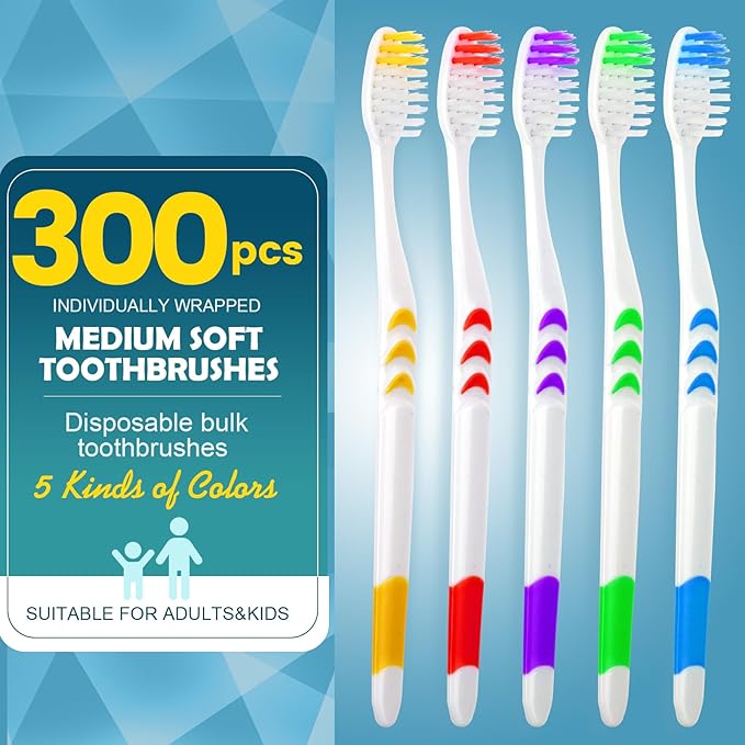Navona 300 PCS Premium Toothbrushes Bulk, Individually Wrapped Toothbrushes, Disposable Toothbrush, Medium Soft Bristle Bulk Toothbrushe for Travel Hotel Donation, Ergonomics Handle