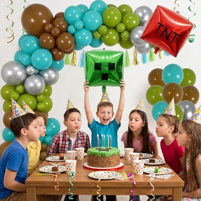 127Pcs Video Game Balloon Arch Garland Kit with Green Teal Blue Brown Metallic Silver Balloons, for Gaming Theme Party Decor, Birthday Party Supplies, Kids' Party Crafts and Decorations