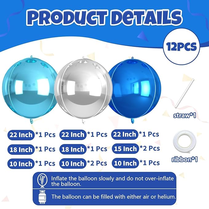 Blue and SIlver Round Balloons Foil, 12 Pcs Round Shaped Balloon Different Size 22" 18" 15" 10", Metallic Blue Silver Balloons for Xmas Prom Graduation Baby Shower Birthday Party Decorations