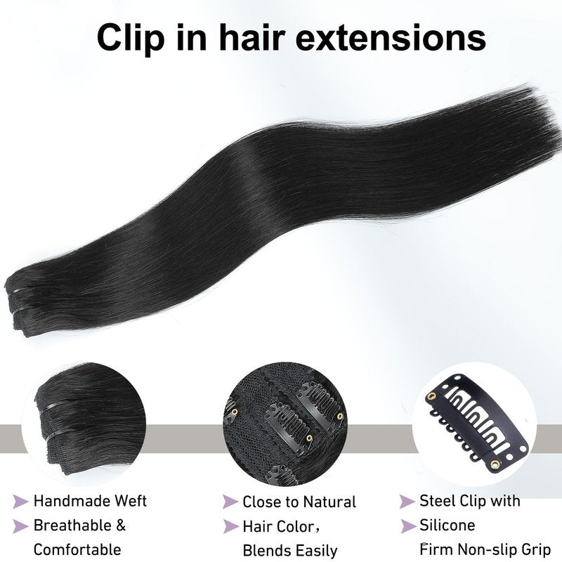 Clip in Hair Extensions Real Human Hair Jet Black 16 inch 7pcs 70g/Pack, Human Hair Clip in Extensions, Salon-Grade Quality, Easy Comfort Wear for Women (#1, 16 inch)