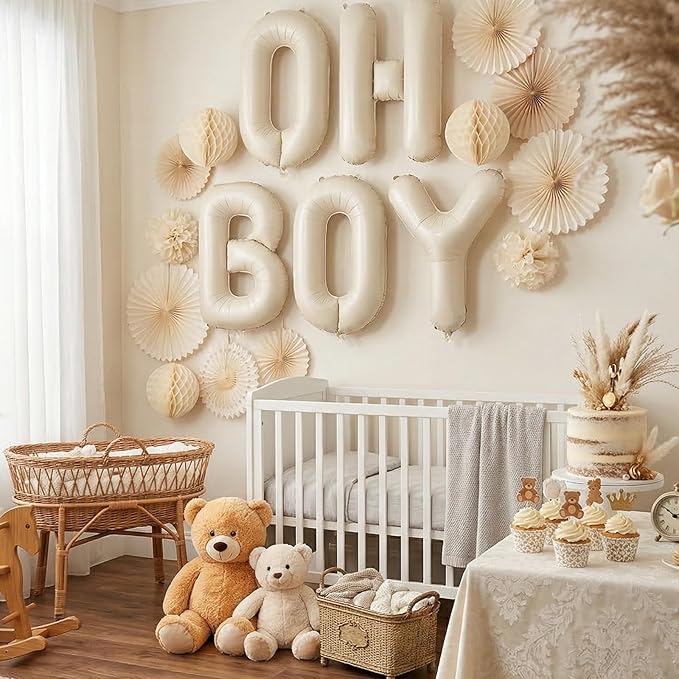 40 Inch Beige Oh Boy Balloons, Large Cream White OH BOY Balloon Letters, Neutral Ivory Sand White Big Alphabet Banner Sign Balloon for Boys Birthday Baby Shower Gender Reveal Party Decorations