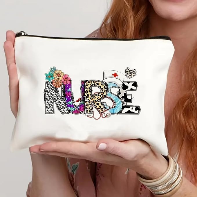 GRITOSE Nurse Makeup Bags Leopard Print Flowers deisgns Nurse Cosmetic Bag Work Toiletry Bag Accessories for Nurse Gifts Nursing Student Small Nurse Bag with Zipper