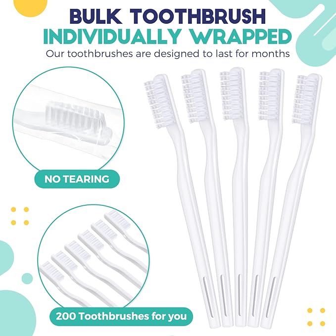 CHENGU 200 Pack Individually Wrapped Disposable Toothbrush Bulk Single Use Toothbrush with Soft Bristle for Women Men Adult Hotels Guest Travel Donation(White)