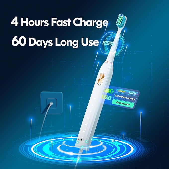 Sonic Electric Toothbrush for Adults and Kids, Ultrasonic Toothbrush Rechargeable with 9 Brush Heads, 5 Modes and 2 Minutes Smart Timer, 4Hours Charge for 60 Days, Roman Column Handle (White)