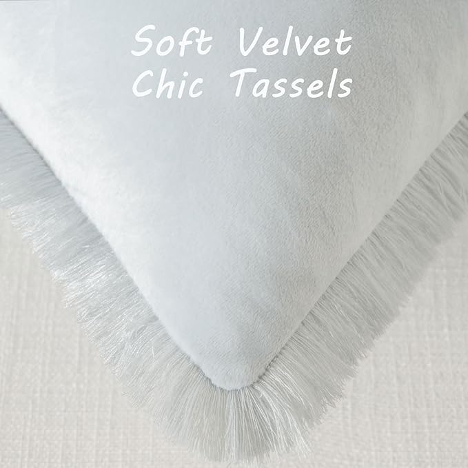 FUTEI Light Blue Velvet Decorative Throw Pillow Covers 24x24 Set of 2,Soft Cozy Edge with Tassels European Cushion Case,Boho Modern Home Decor for Couch Bed Living Room