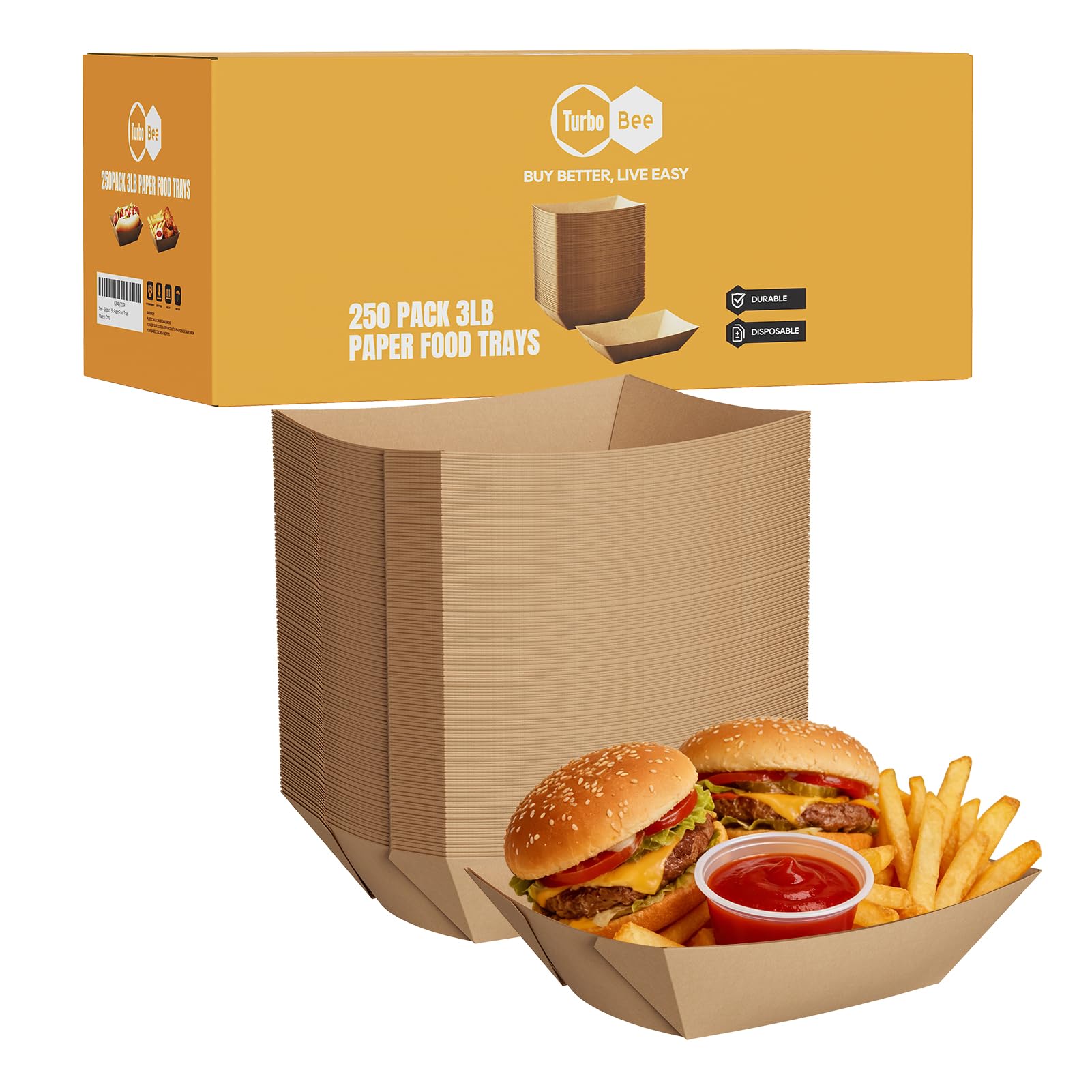 Disposable Paper Food Trays 3lb, 250 Pack Large Brown Paper Boats - Heavy Duty for Large Nachos, BBQ Ribs, Family Fries, Tacos - Ideal for Party Hosts, Sports Fans, Carnivals